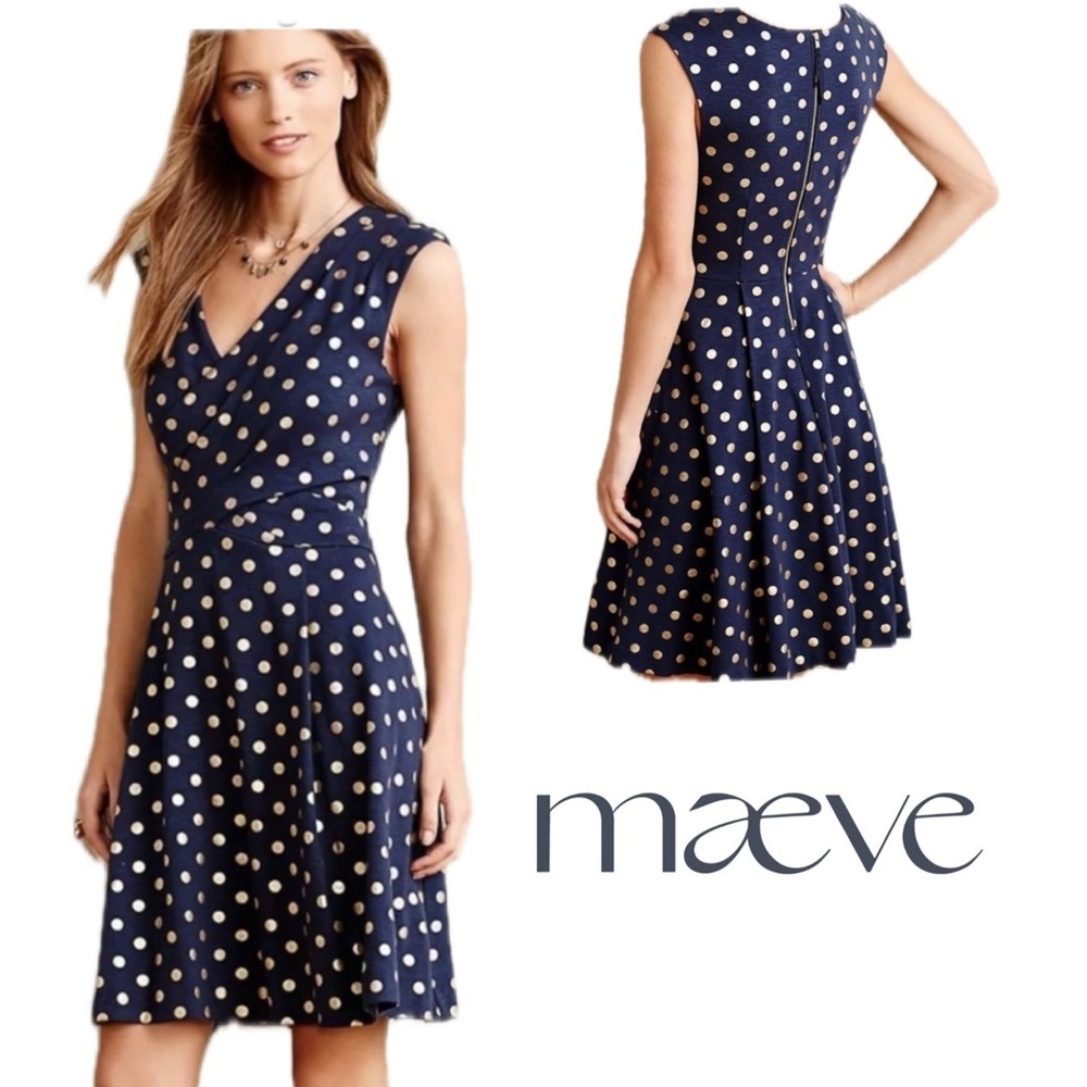 Anthropology Maeve Blue and‎ gold Polka Dot Midi Dress
